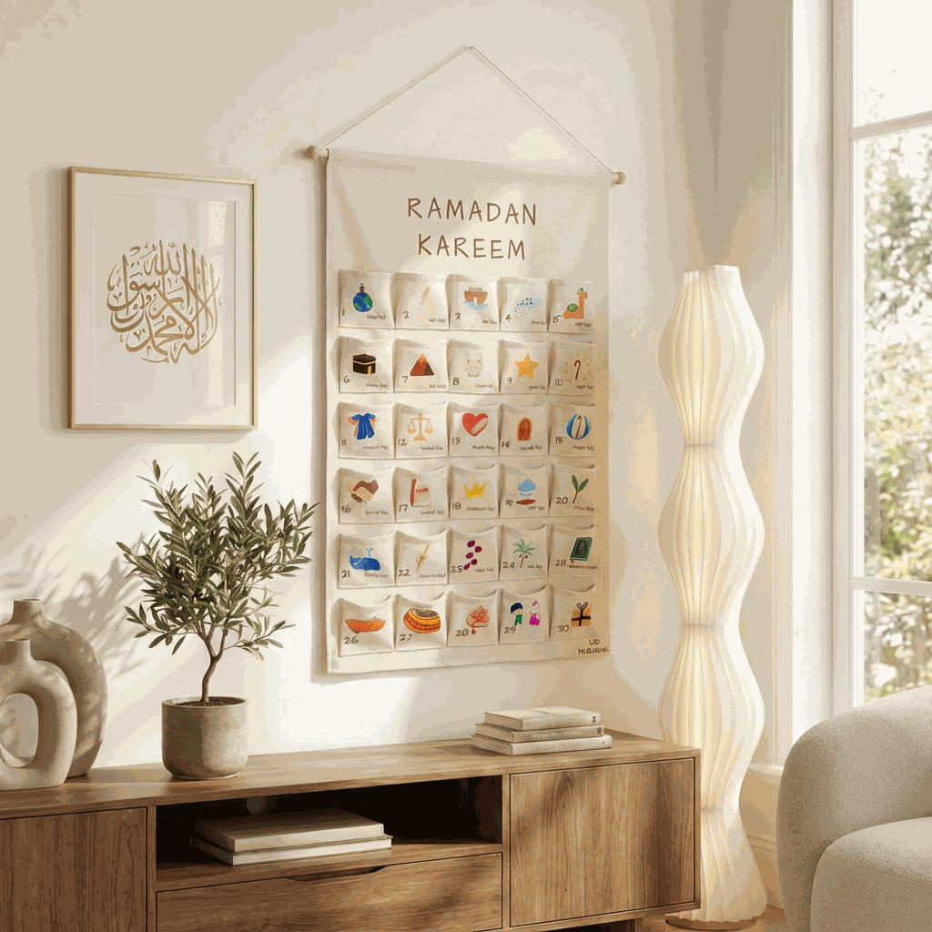 Ramadan calendar with 30 pockets hanging in a living room