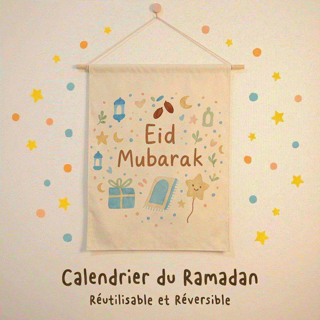 Calendrier du ramadan réutilisable et réversible avec décoration Eid Mubarak colorée