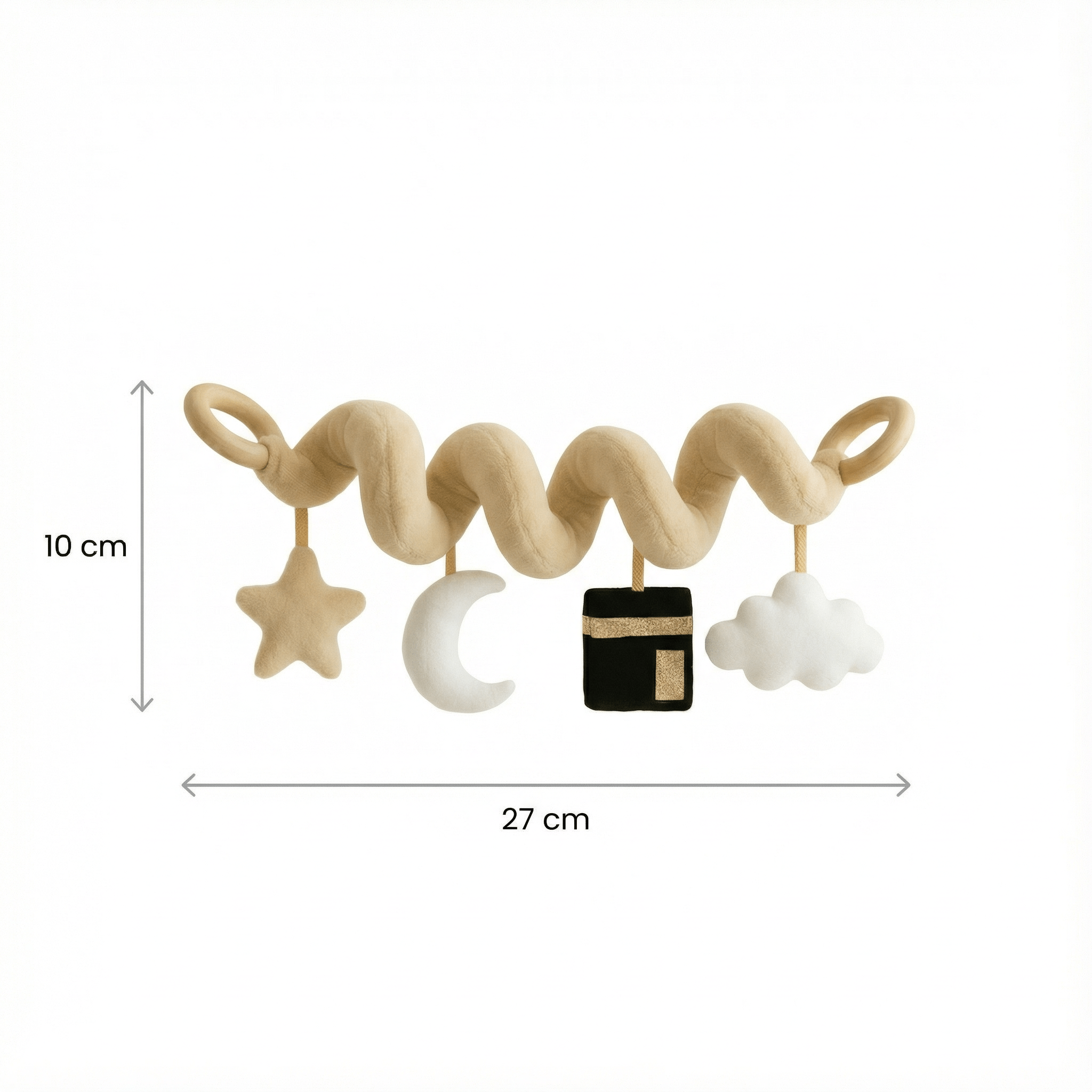 Arche de jeu spirale beige avec étoiles et lune pour bébé, extensible et facile à accrocher.