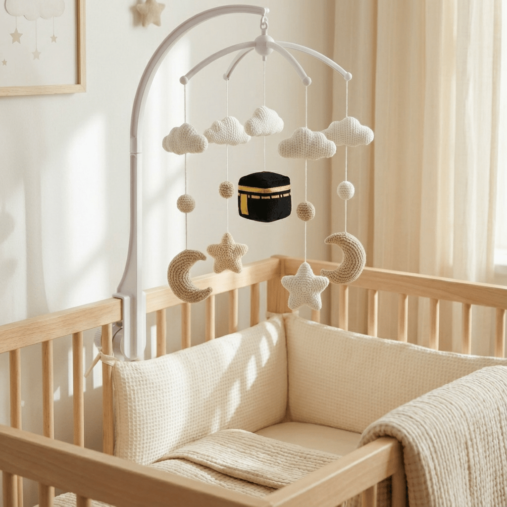 Kaaba Quran cot mobile above a baby cot