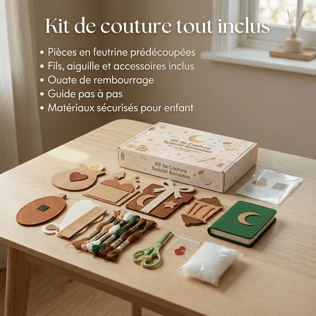 Kit de couture spéciale ramadan avec pièces en feutrine, fils, aiguille, accessoires et guide inclus pour activités manuelles enfant Ramadan.