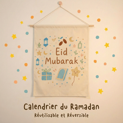 Calendrier du ramadan réutilisable et réversible avec décoration Eid Mubarak colorée