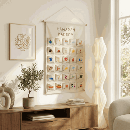 calendrier du ramadan mural en tissu avec pochettes illustrées suspendu dans un salon lumineux décoration eid mubarak traditionnelle
