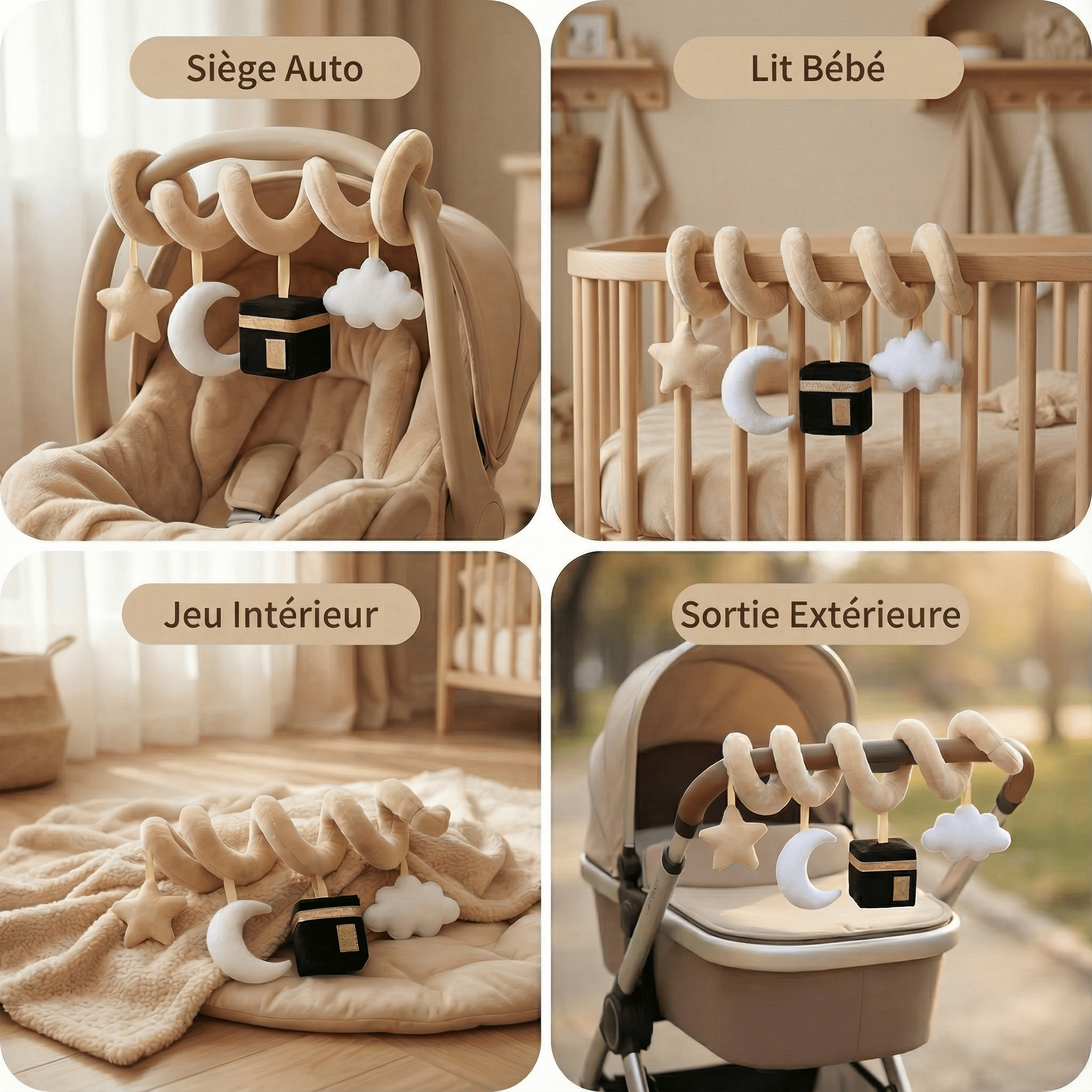 Arche de jeu spirale Kaaba beige avec étoiles, lune, nuage, idéale cosy et poussette bébé