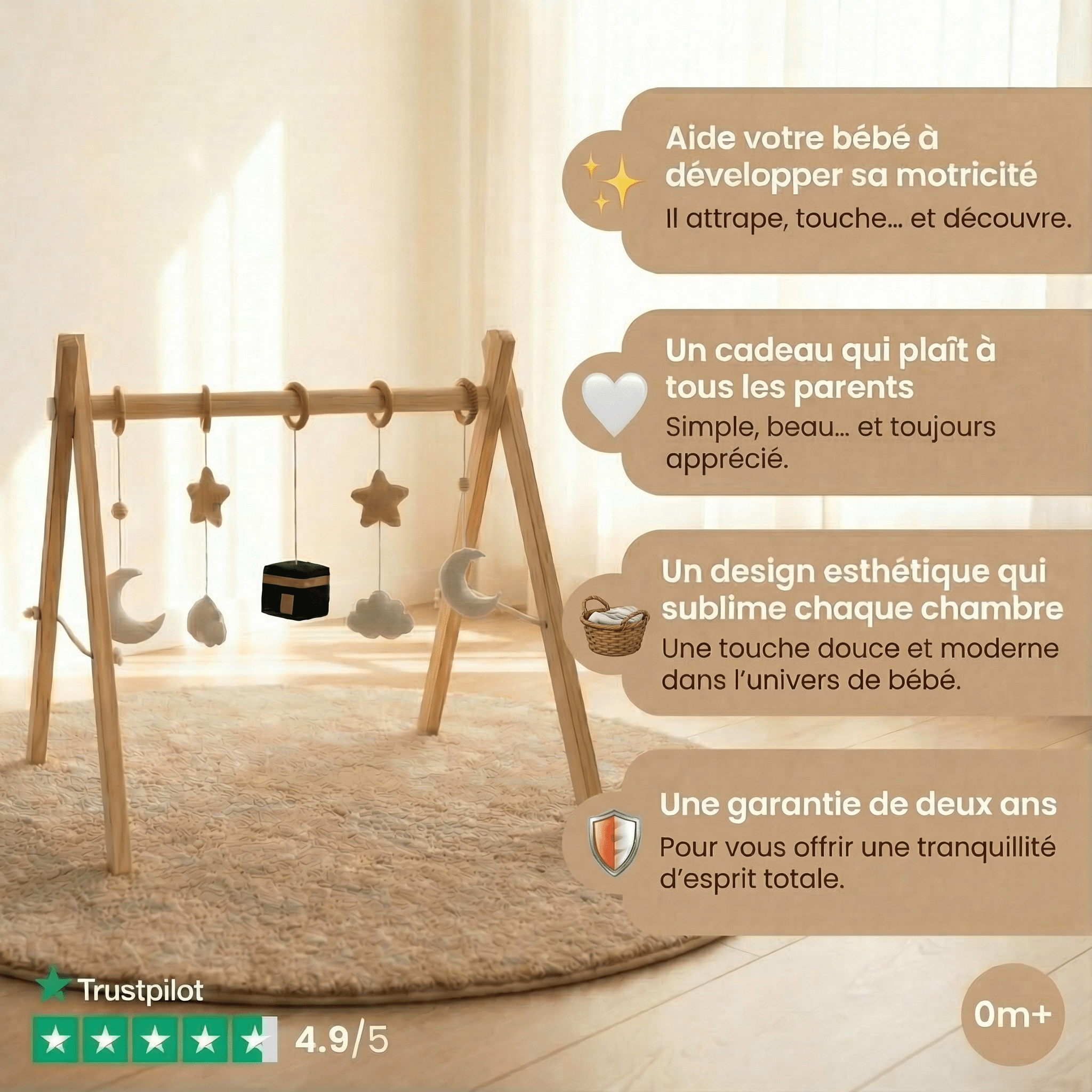 Arche d’éveil en bois naturel avec jouets suspendus symbole Kaaba lune étoile pour bébé dès la naissance