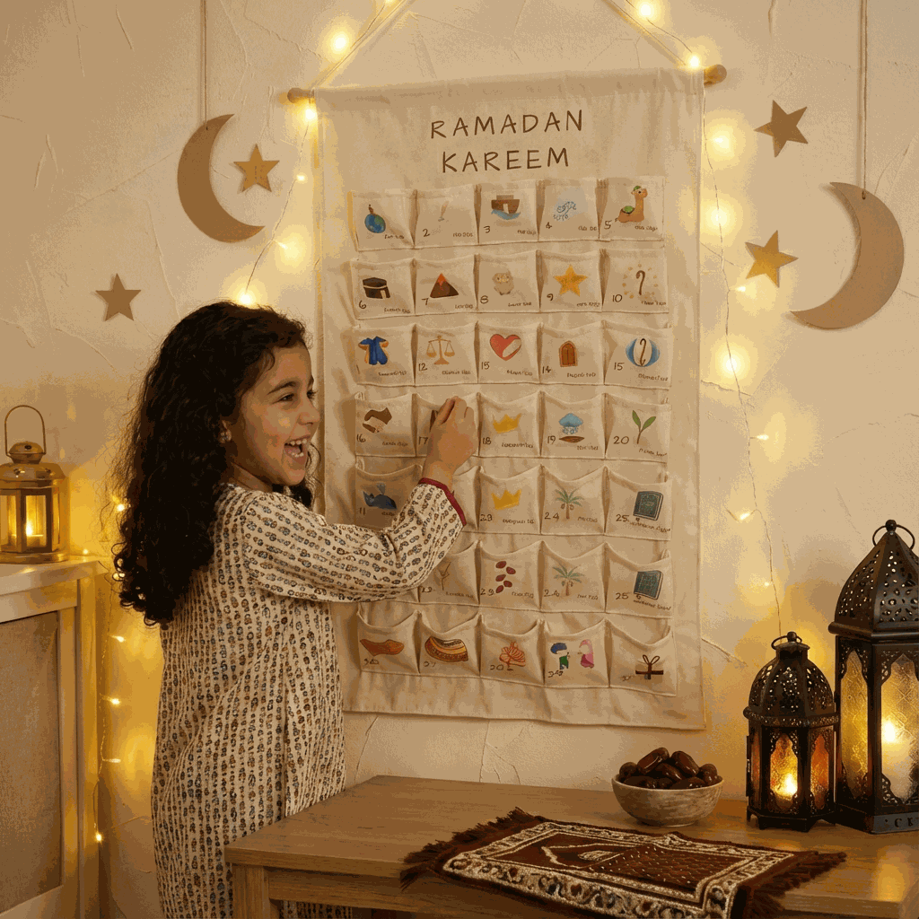 Calendrier du Ramadan mural avec pochettes illustrées, décoré de guirlandes lumineuses et ambiance chaleureuse familiale.